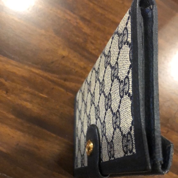 GUCCI GG Monogram Navy Blue Leather Coated Canvas Long Bifold Wallet Vintage - Picture 10 of 17